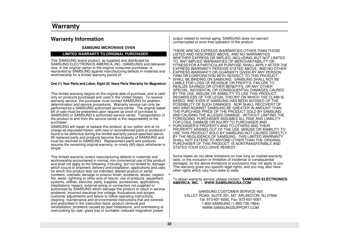 Samsung MW965SB, MW965BB, MW965CB, MW965WB manual Warranty Information 