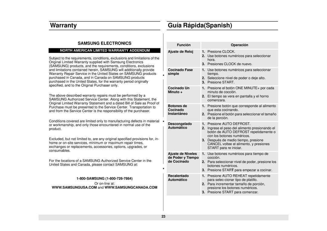 Samsung MW965WB, MW965BB, MW965CB, MW965SB manual Warranty Guía RápidaSpanish 