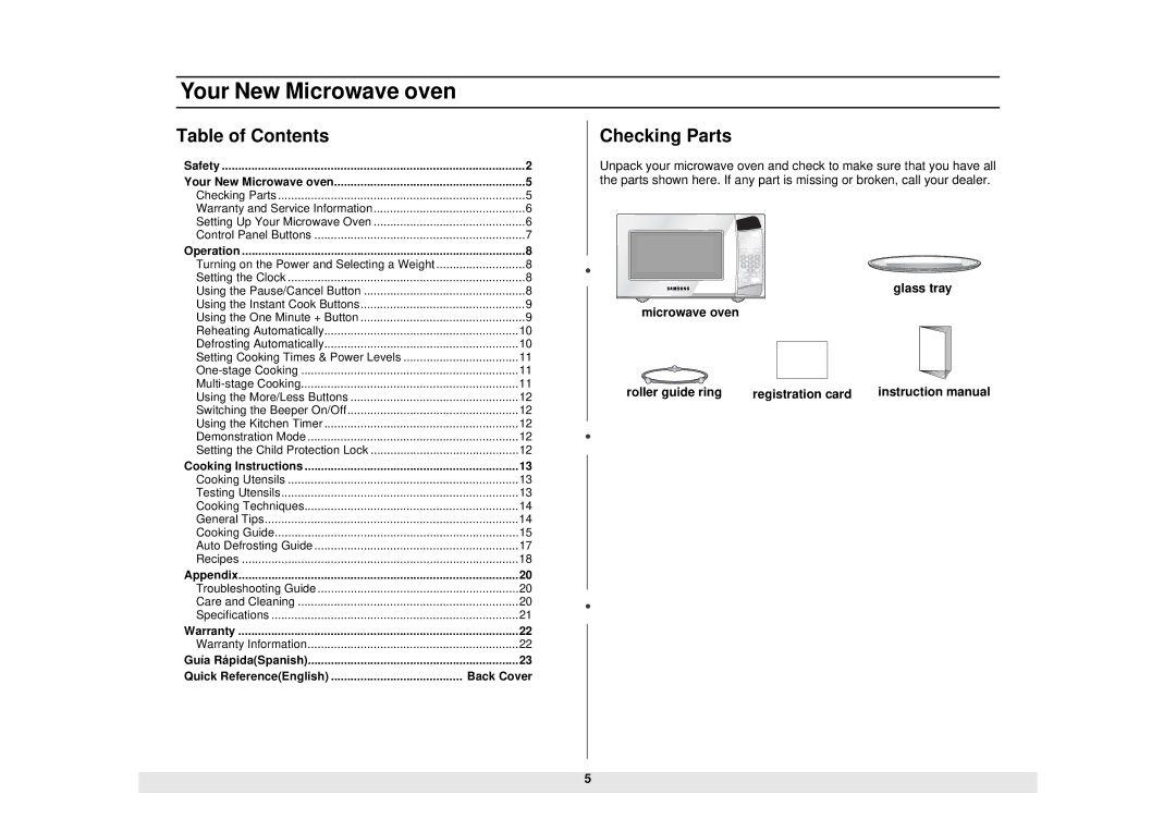 Samsung MW965CB, MW965BB, MW965SB, MW965WB manual Your New Microwave oven, Table of Contents, Checking Parts 