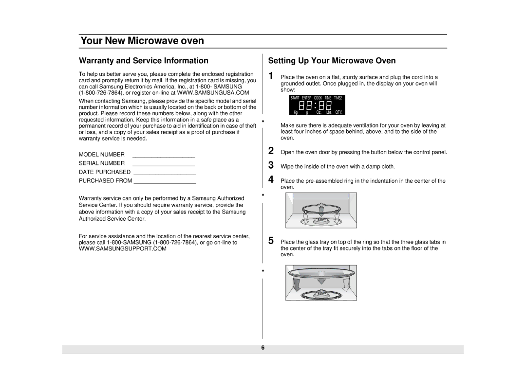 Samsung MW965SB, MW965BB, MW965CB, MW965WB manual Warranty and Service Information, Setting Up Your Microwave Oven 