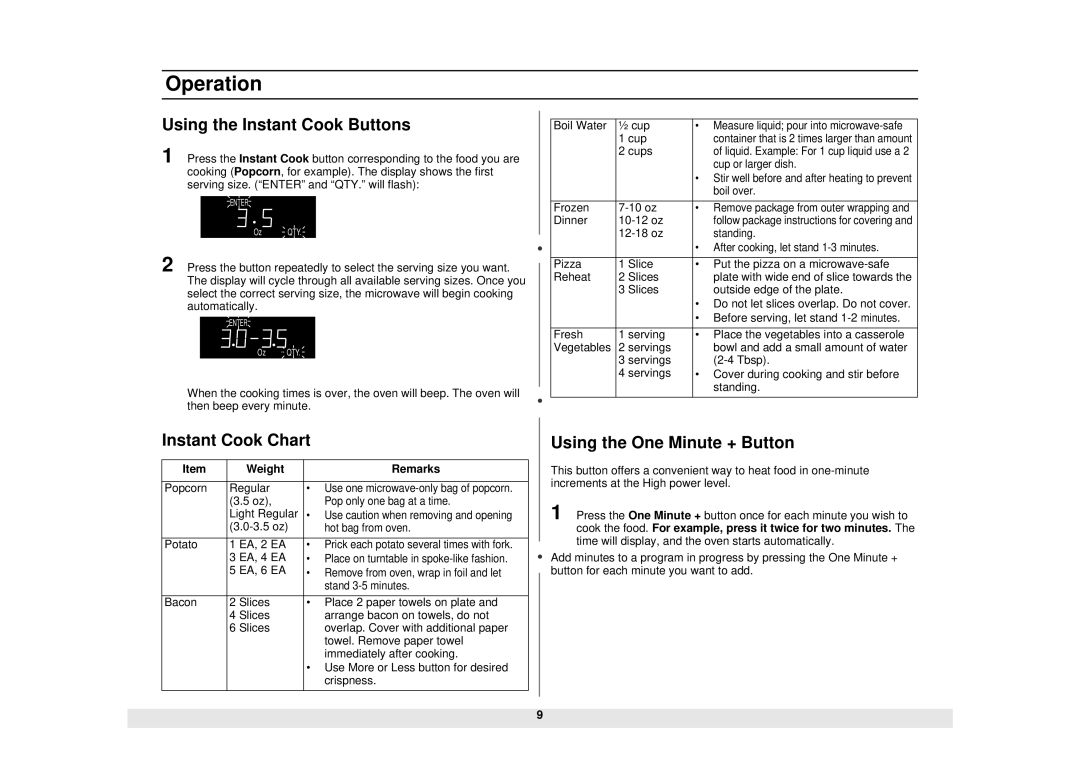 Samsung MW965CB, MW965BB Using the Instant Cook Buttons, Instant Cook Chart, Using the One Minute + Button, Weight Remarks 