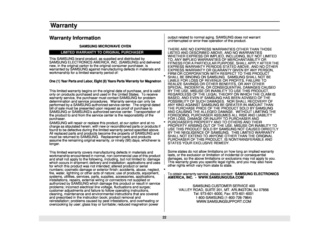 Samsung MW965SB, MW965BB, MW965CB, MW965WB manual Warranty Information, Limited Warranty To Original Purchaser 
