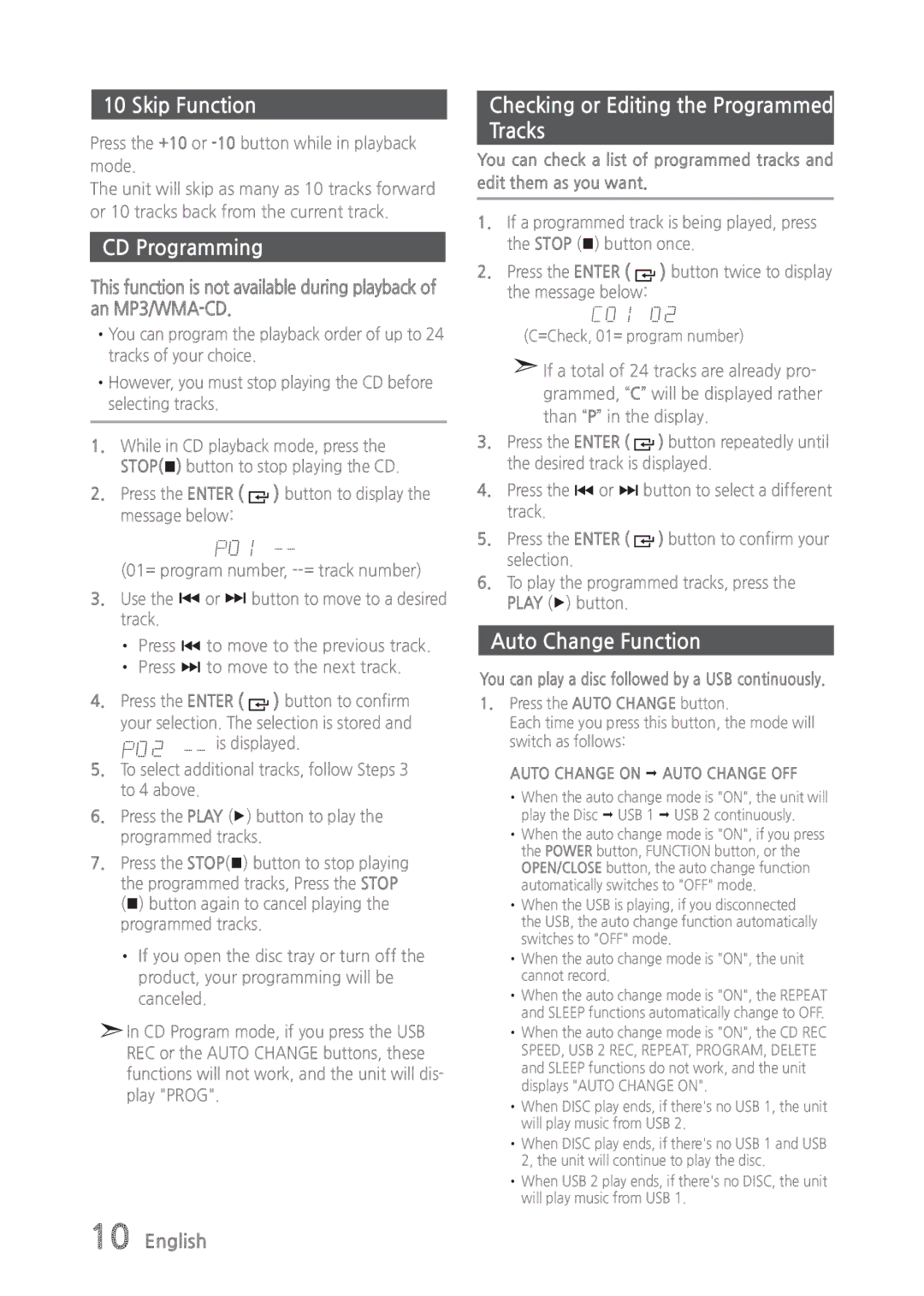 Samsung MX-835 user manual Skip Function, CD Programming, Checking or Editing the Programmed Tracks, Auto Change Function 