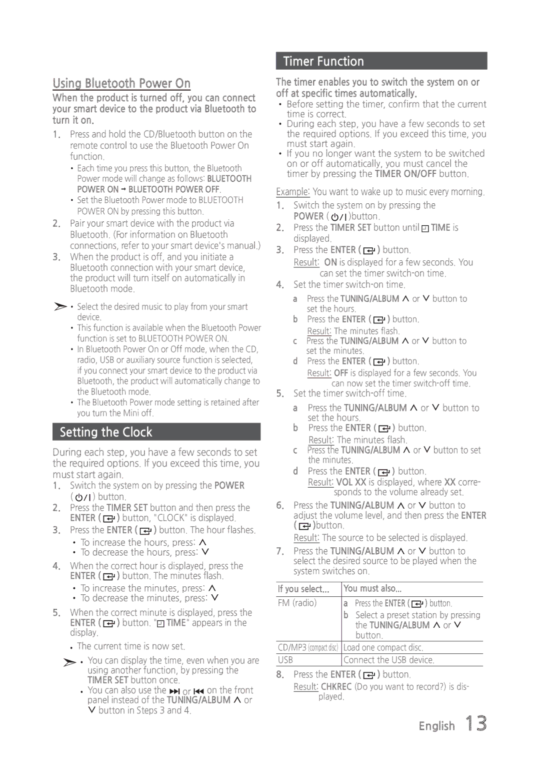 Samsung MX-835 user manual Setting the Clock, Timer Function, Example You want to wake up to music every morning, Button 