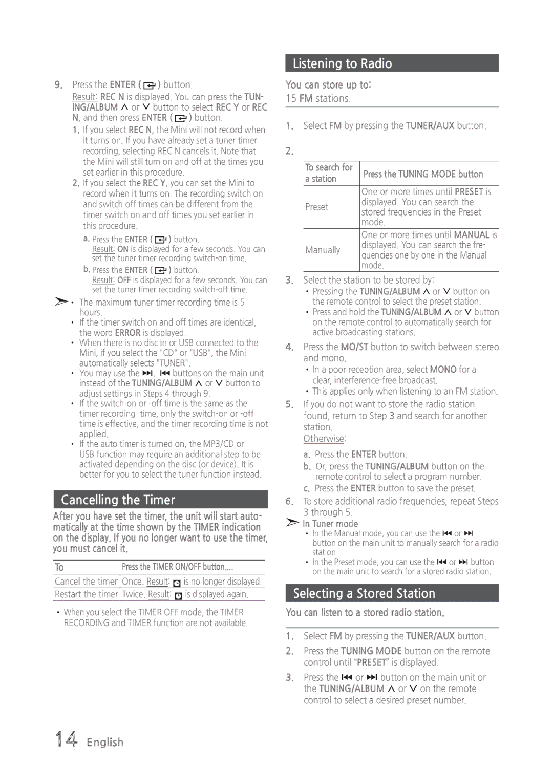 Samsung MX-835 user manual Cancelling the Timer, Listening to Radio, Selecting a Stored Station, You can store up to 