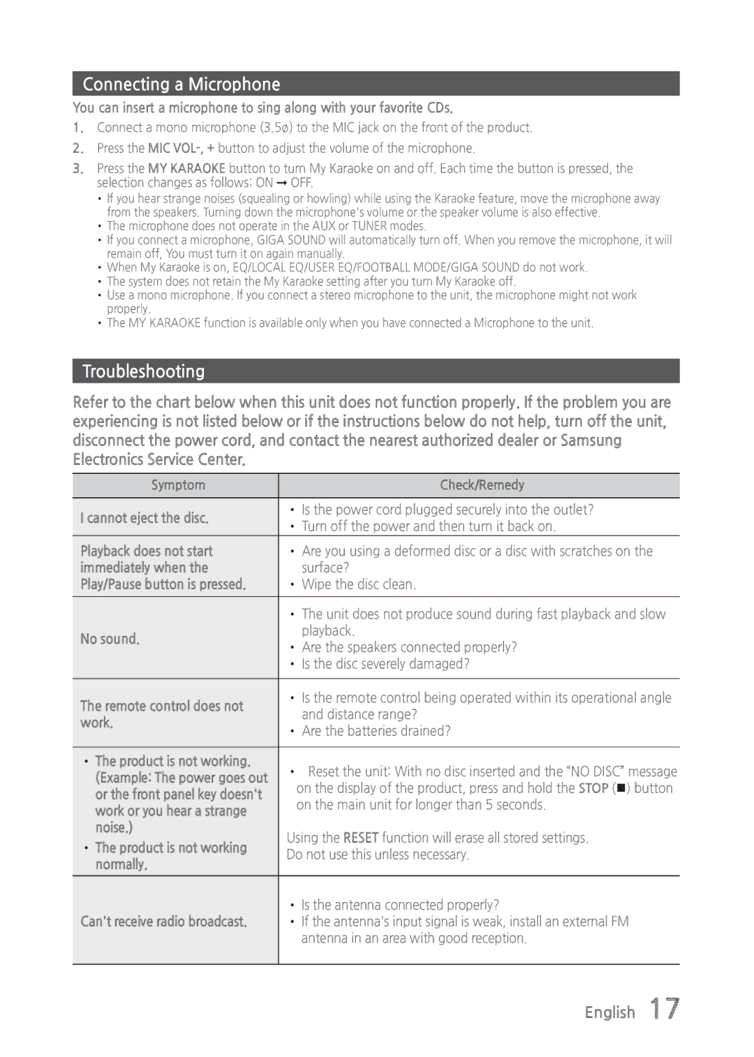 Samsung MX-835 user manual Connecting a Microphone, Troubleshooting 