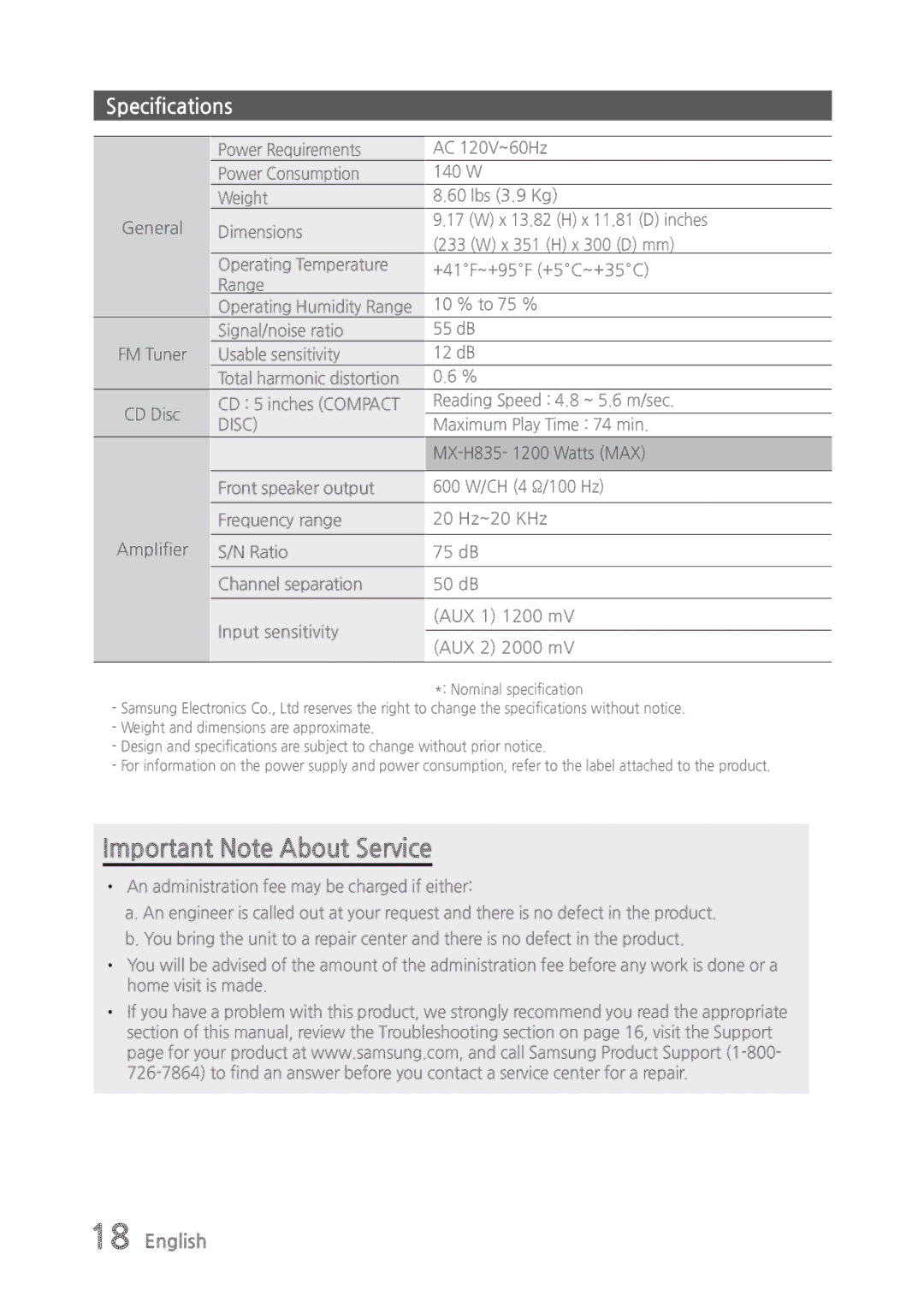 Samsung MX-835 user manual Specifications, Usable sensitivity 12 dB Total harmonic distortion, Maximum Play Time 74 min 