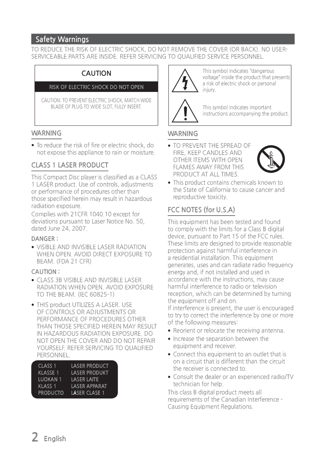 Samsung MX-835 user manual Safety Warnings, FCC Notes for U.S.A, English 