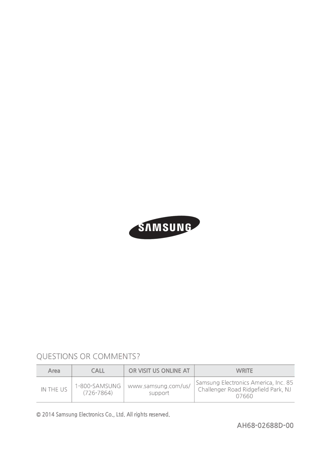 Samsung MX-835 user manual AH68-02688D-00, Area, Call Or Visit US Online AT Write, Support, 07660 