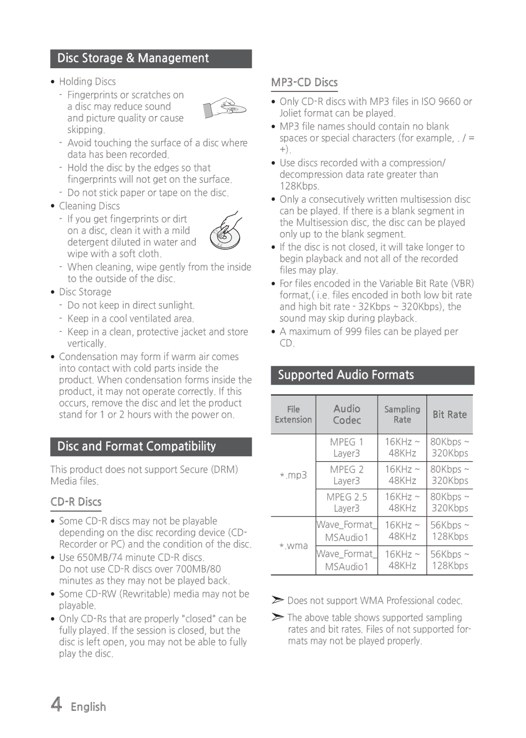 Samsung MX-835 Disc Storage & Management, Disc and Format Compatibility, Supported Audio Formats, CD-R Discs, MP3-CD Discs 