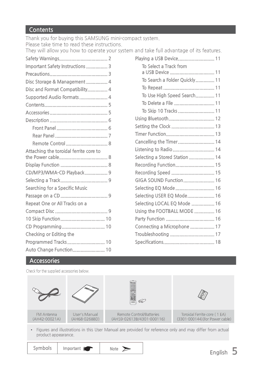 Samsung MX-835 user manual Contents, Accessories 