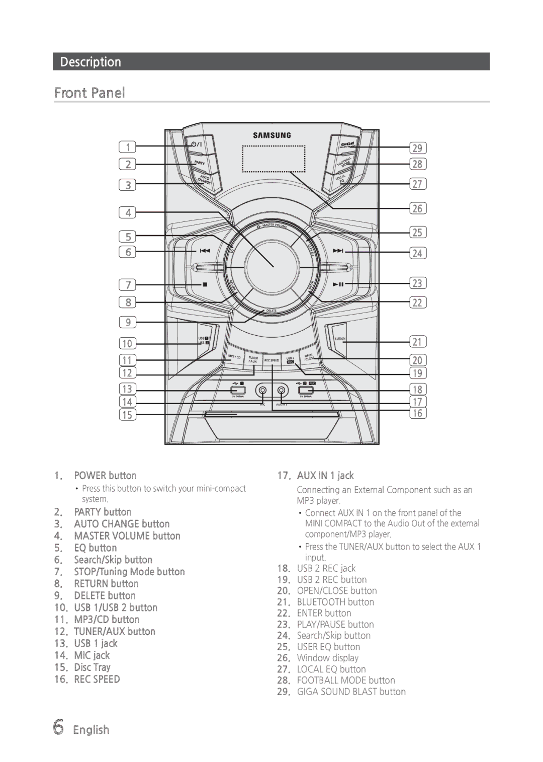 Samsung MX-835 user manual Description, Power button, Connecting an External Component such as an MP3 player 