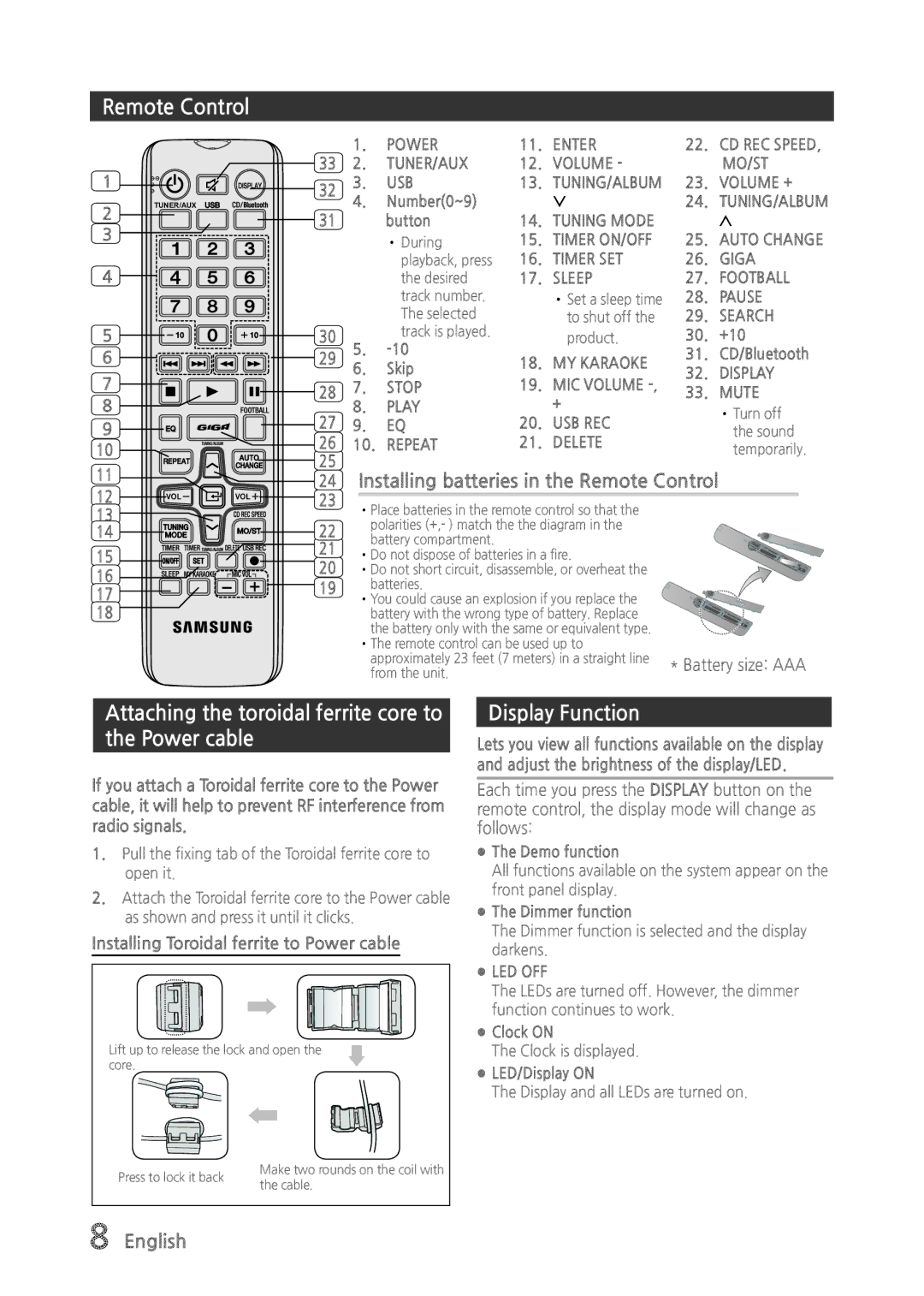 Samsung MX-835 user manual Remote Control, Attaching the toroidal ferrite core to the Power cable, Display Function 