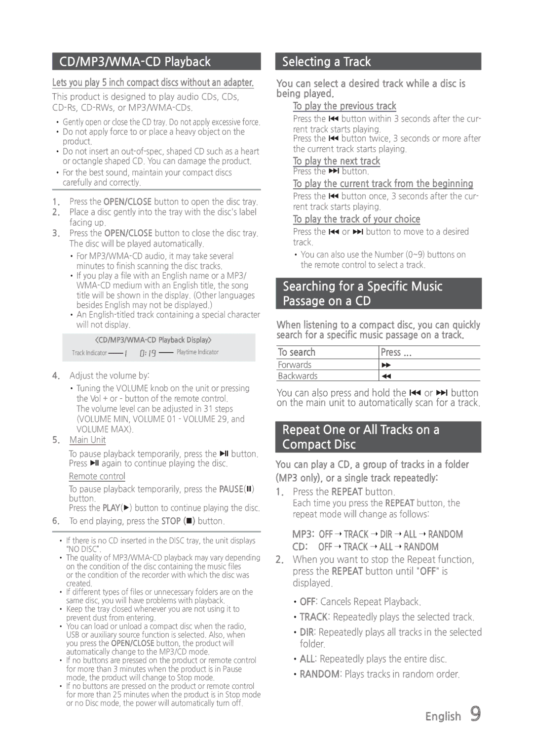 Samsung MX-835 user manual CD/MP3/WMA-CD Playback, Selecting a Track, Searching for a Specific Music Passage on a CD 