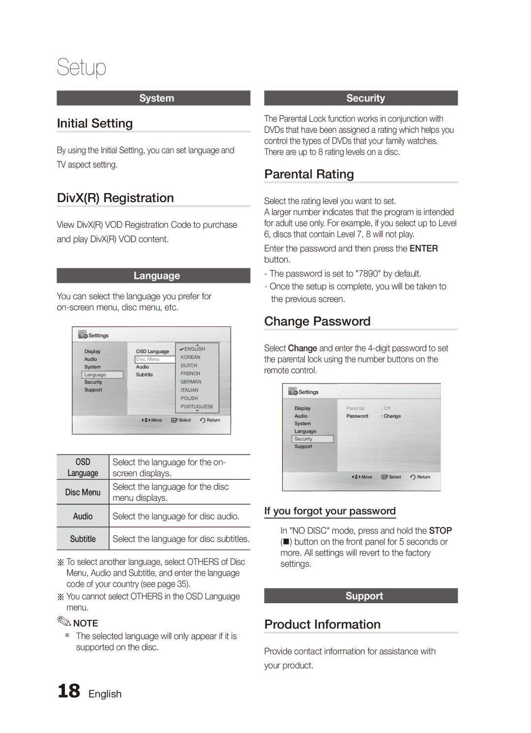 Samsung MX-C630D/MEA manual Initial Setting, DivXR Registration, Parental Rating, Change Password, Product Information 