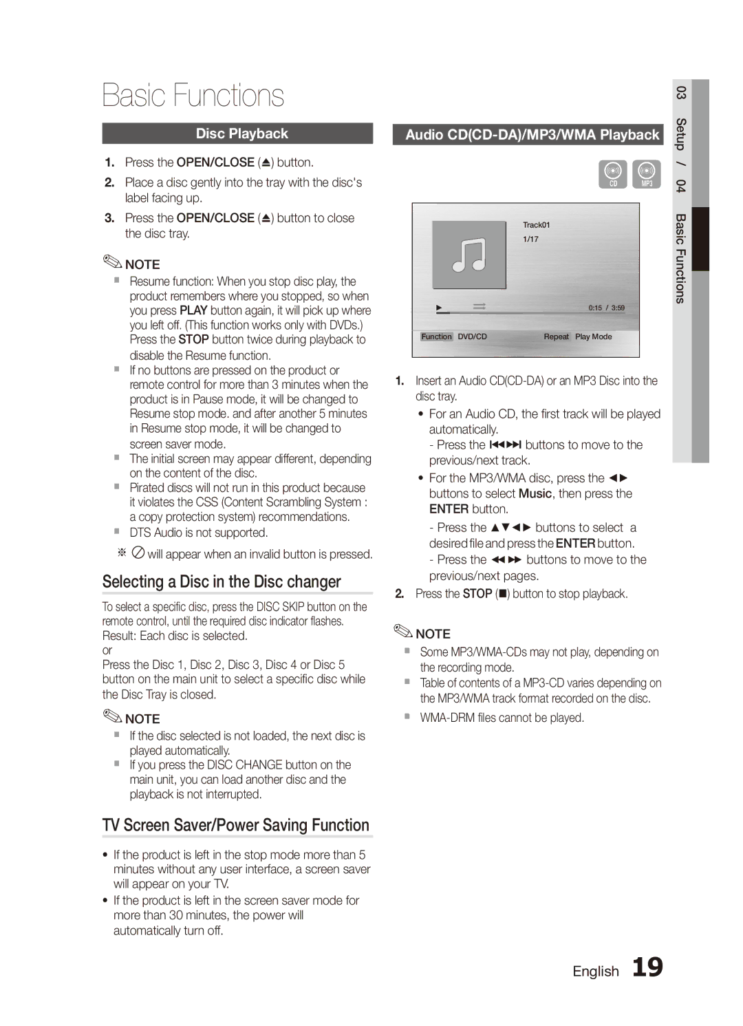 Samsung MX-C730D/KE, MX-C630D/HAC, MX-C630D/KE manual Basic Functions, Selecting a Disc in the Disc changer, Disc Playback 