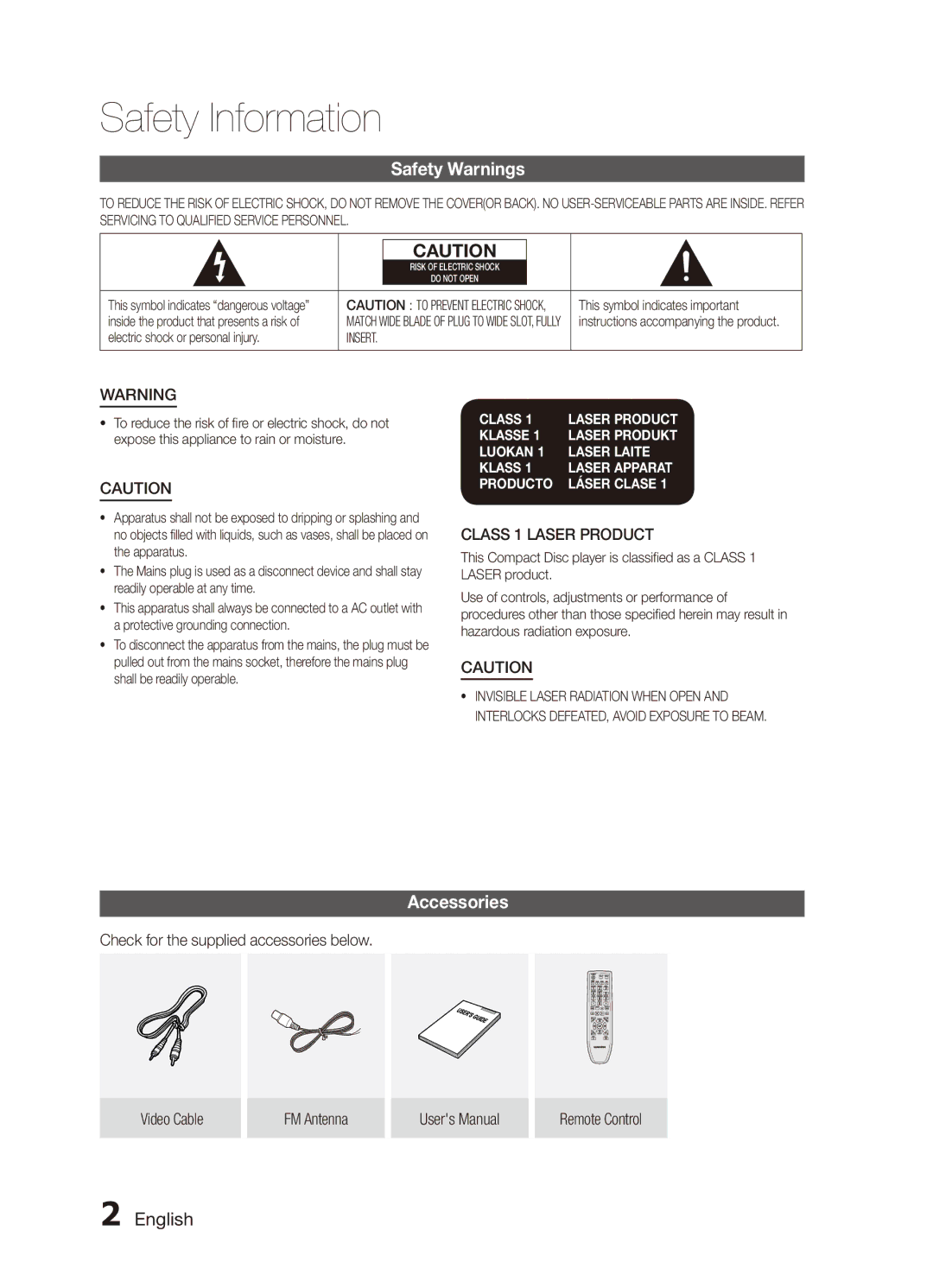 Samsung MX-C630S/GAD, MX-C630D/HAC, MX-C630D/KE manual Safety Information, Safety Warnings, Accessories, English, Insert 