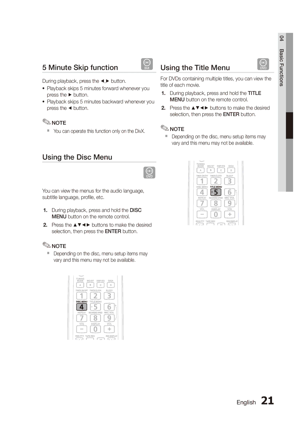 Samsung MX-C630D/SAH, MX-C630D/HAC, MX-C630D/KE, MX-C730D/KE Minute Skip function, Using the Disc Menu, Using the Title Menu 