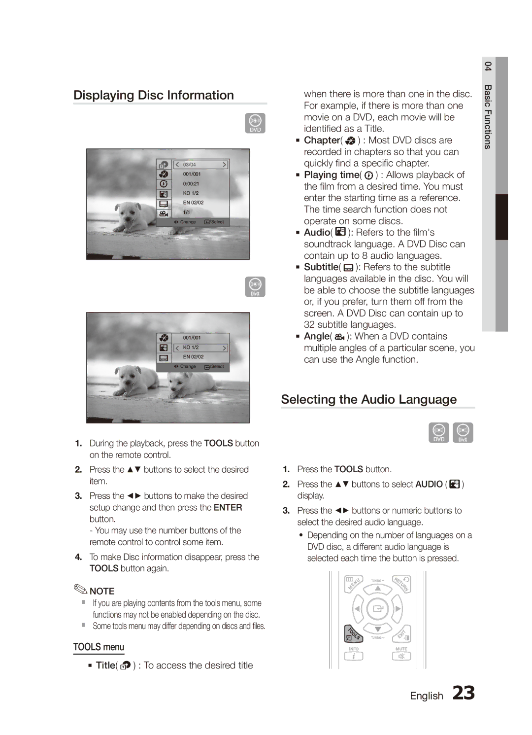 Samsung MX-C730D/SAH, MX-C630D/HAC, MX-C630D/KE manual Displaying Disc Information, Selecting the Audio Language, Tools menu 