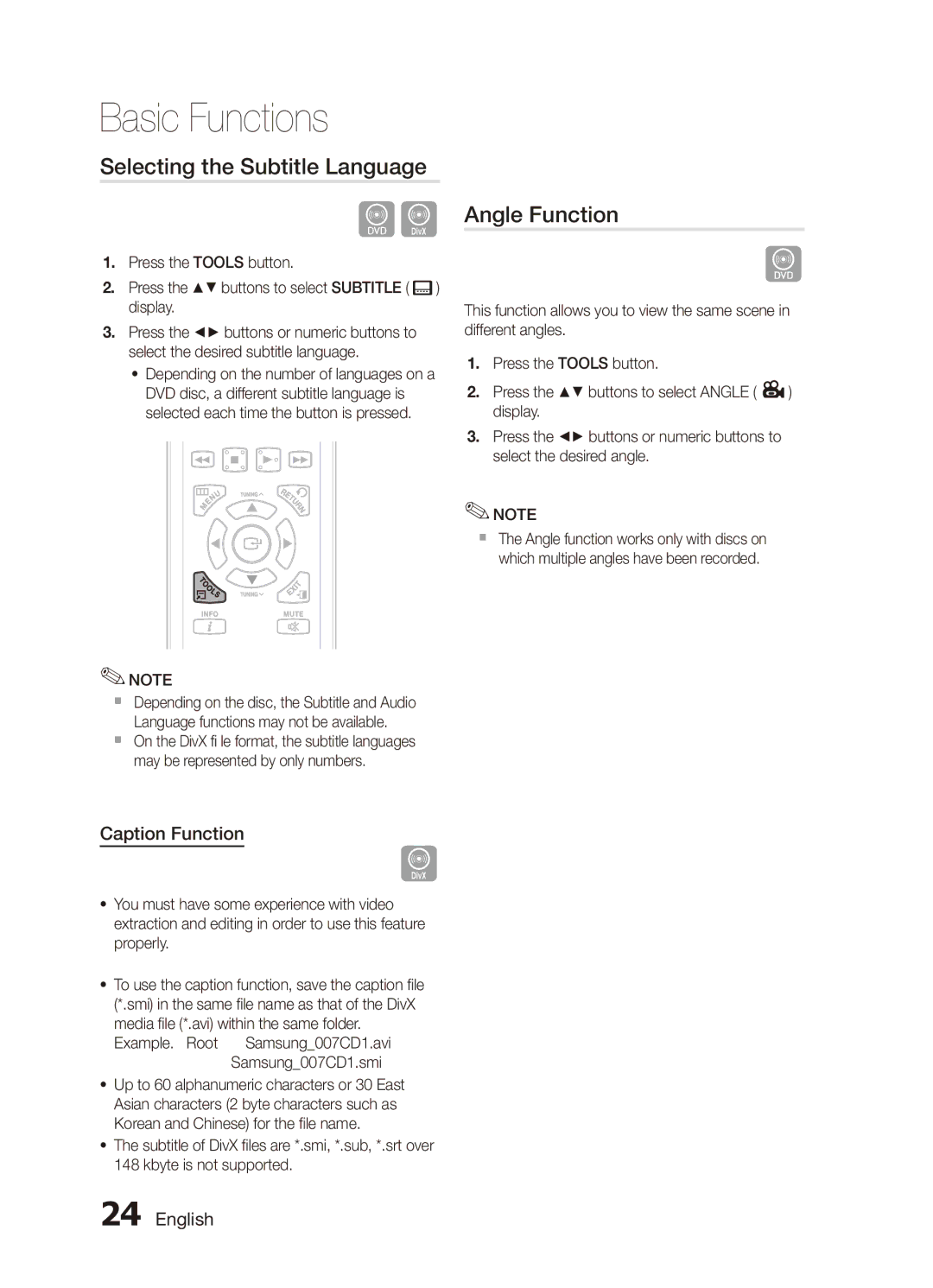 Samsung MX-C730D/UMG, MX-C630D/HAC Selecting the Subtitle Language, Angle Function, Caption Function, Samsung007CD1.smi 