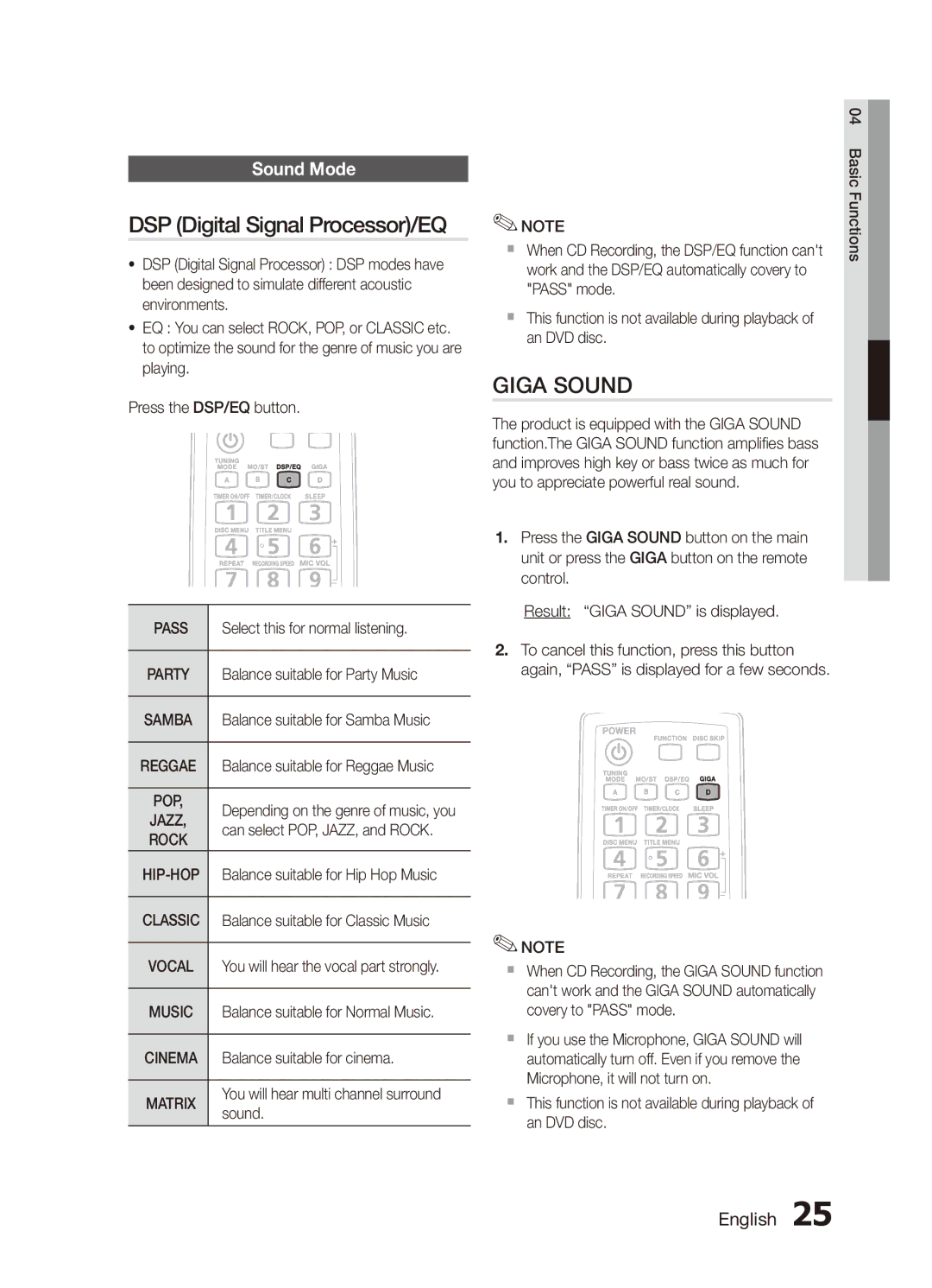 Samsung MX-C730D/LAG, MX-C630D/HAC, MX-C630D/KE, MX-C630S/GAD, MX-C630D/LAG manual DSP Digital Signal Processor/EQ, Sound Mode 