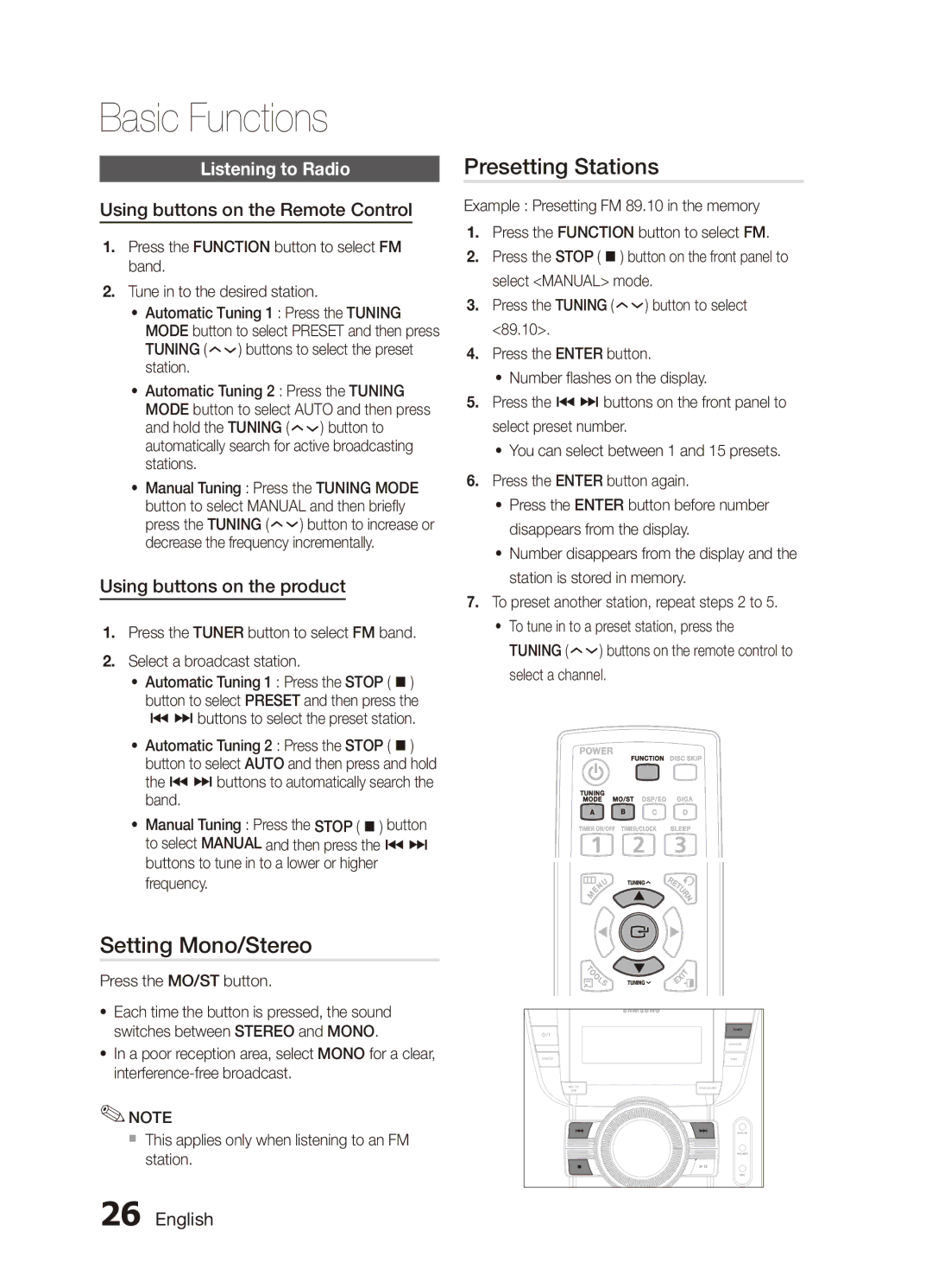 Samsung MX-C730D/AFR Setting Mono/Stereo, Presetting Stations, Listening to Radio, Using buttons on the Remote Control 