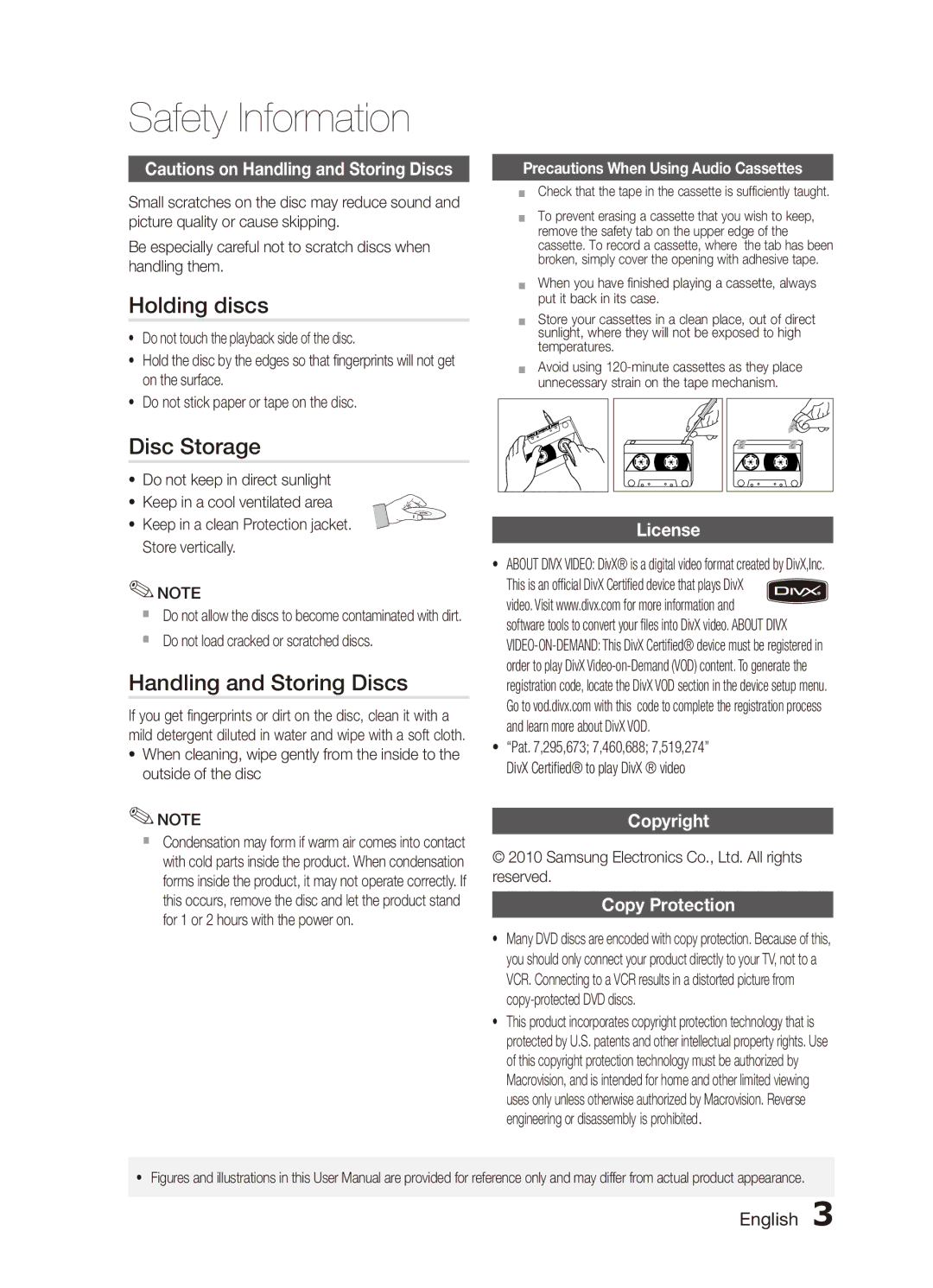 Samsung MX-C630D/LAG manual Holding discs, Disc Storage, Handling and Storing Discs, License, Copyright Copy Protection 