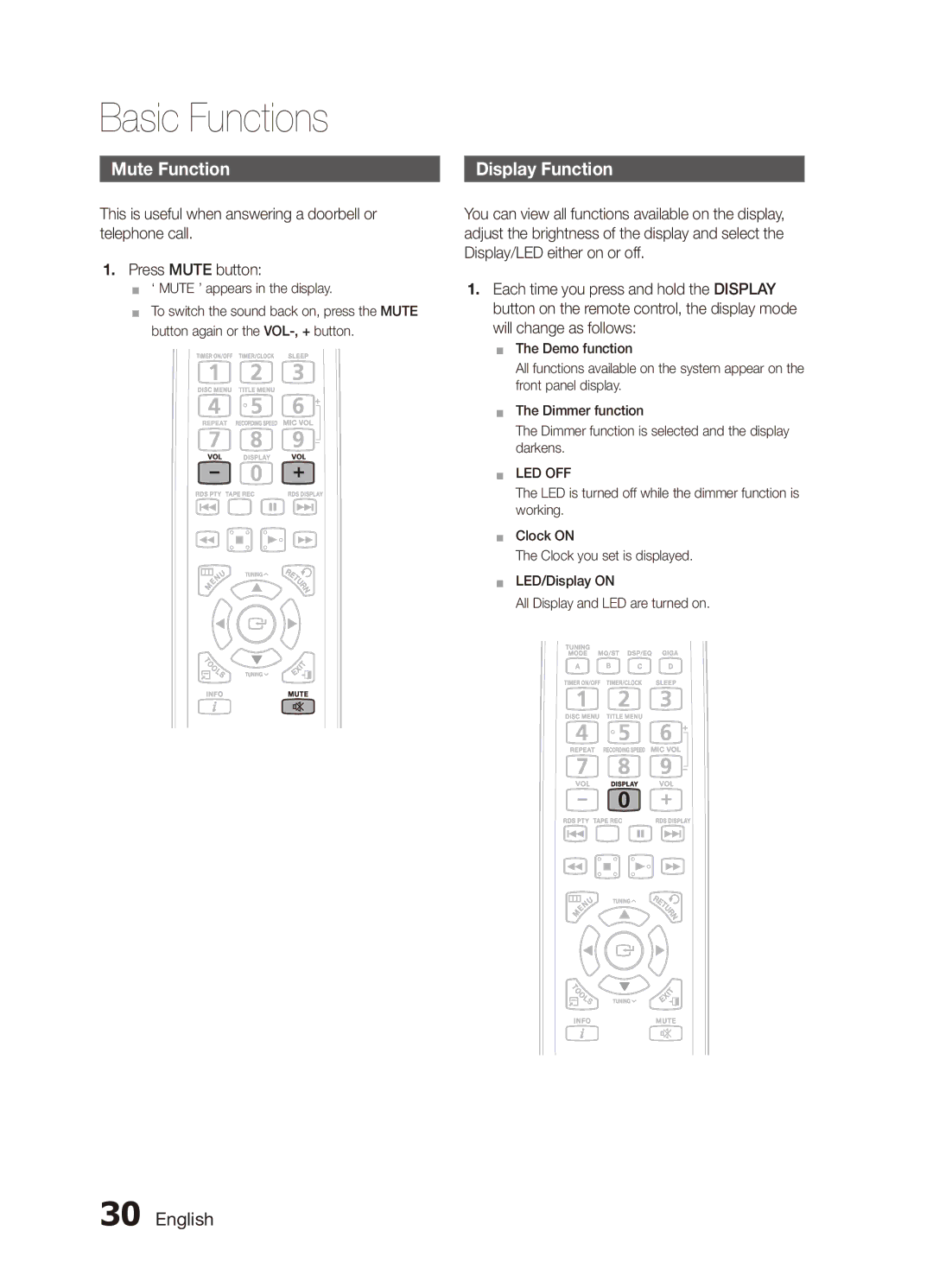 Samsung MX-C630S/GAD, MX-C630D/HAC, MX-C630D/KE, MX-C630D/LAG, MX-C630D/MEA manual Mute Function, Display Function, `` Led Off 