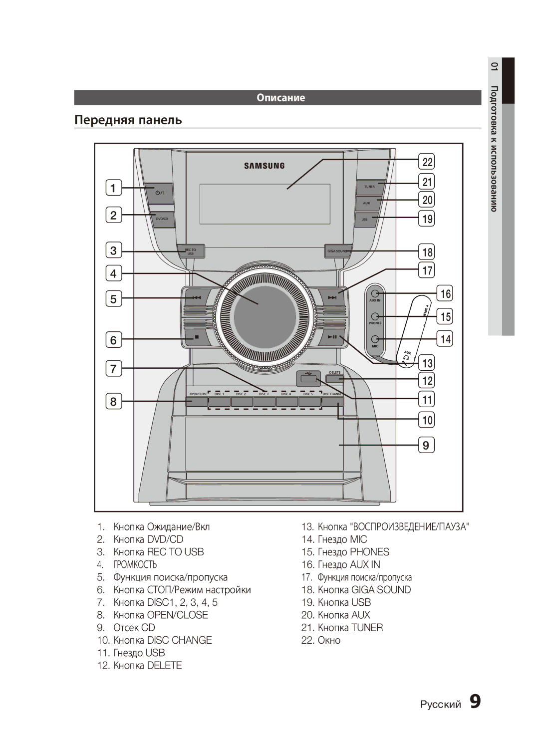 Samsung MX-C630D/XER, MX-C730D/XER manual Передняя панель, Описание, Кнопка Ожидание/Вкл, Гнездо AUX Функция поиска/пропуска 