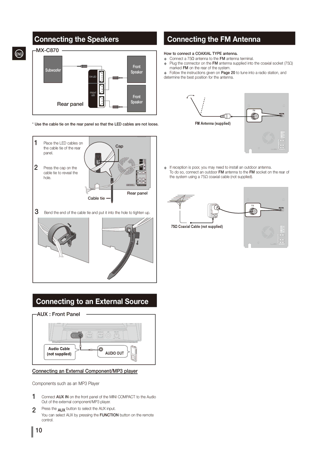 Samsung MX-C850 Connecting the FM Antenna, Connecting to an External Source, Connecting an External Component/MP3 player 