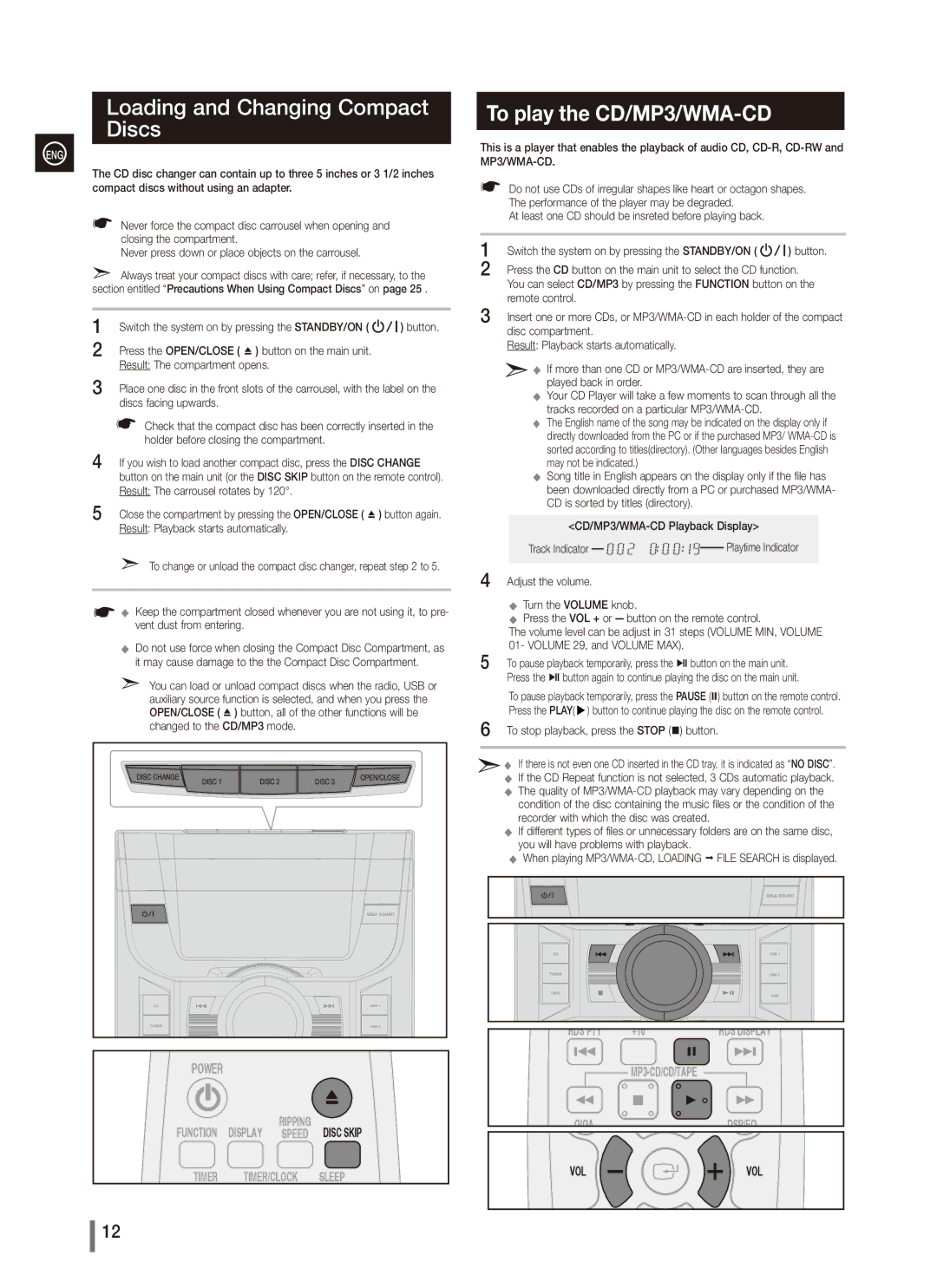 Samsung MX-C830, MX-C870, MX-C850, AH68-02265X Loading and Changing Compact Discs, To play the CD/MP3/WMA-CD, Remote control 