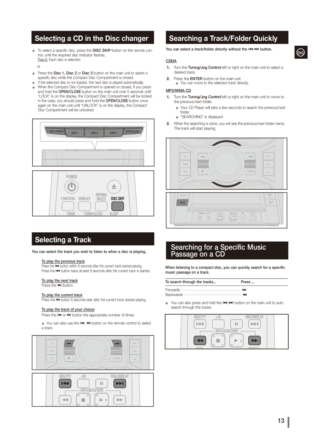 Samsung MX-C870, MX-C830, MX-C850 Selecting a CD in the Disc changer, Searching a Track/Folder Quickly, Selecting a Track 