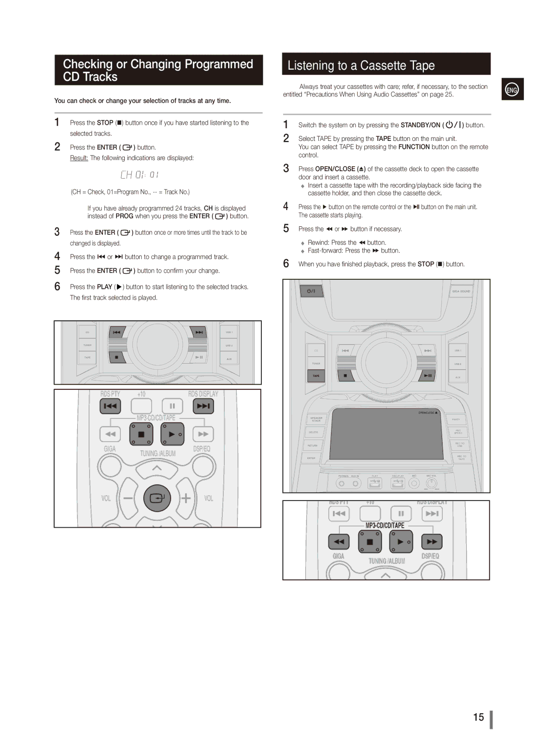 Samsung AH68-02265X, MX-C830, MX-C870, MX-C850 Checking or Changing Programmed CD Tracks, Listening to a Cassette Tape 