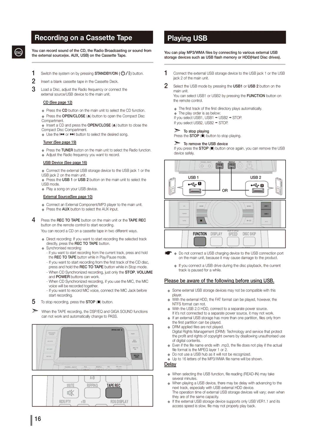 Samsung MX-C830 Recording on a Cassette Tape, Playing USB, Please be aware of the following before using USB, Delay 