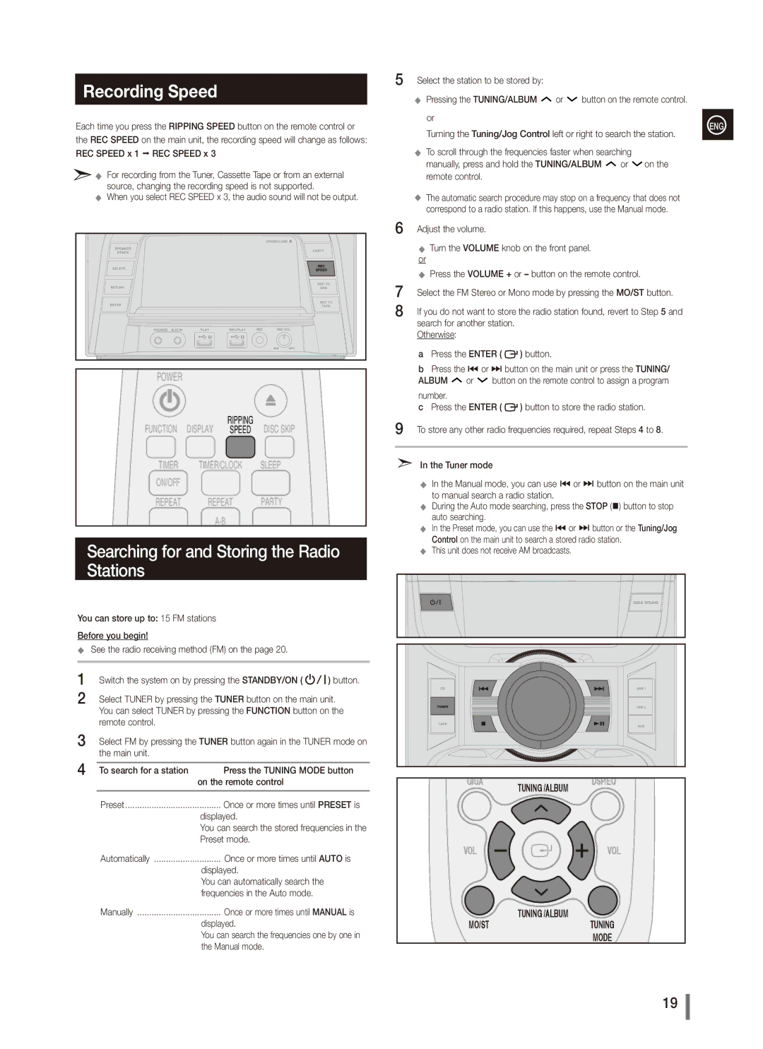 Samsung AH68-02265X, MX-C830, MX-C870, MX-C850 Recording Speed, Searching for and Storing the Radio, Stations, Album 