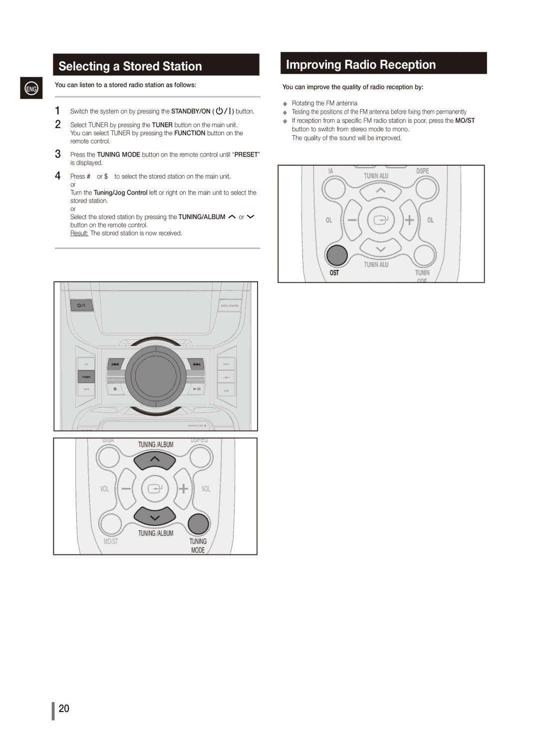 Samsung MX-C830 Selecting a Stored Station, Improving Radio Reception, You can listen to a stored radio station as follows 