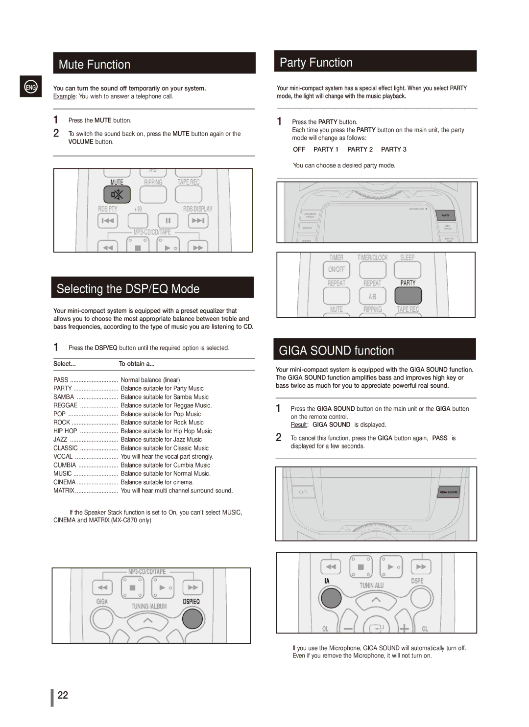 Samsung MX-C850, MX-C830, MX-C870 Mute Function, Selecting the DSP/EQ Mode, Giga Sound function, OFF Party 1 Party 2 Party 