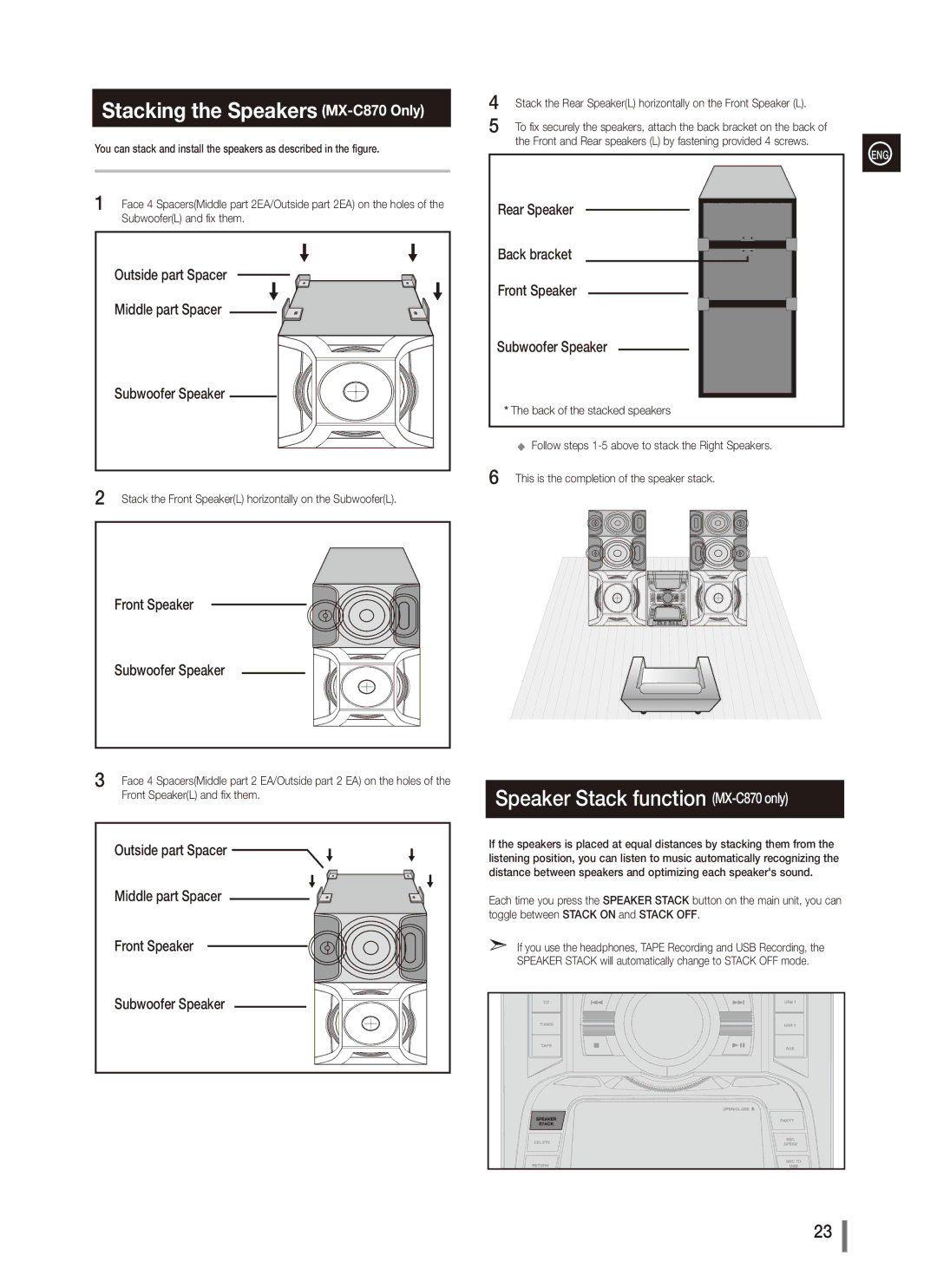 Samsung AH68-02265X, MX-C830, MX-C850 user manual Stacking the Speakers MX-C870 Only, Speaker Stack function MX-C870 only 