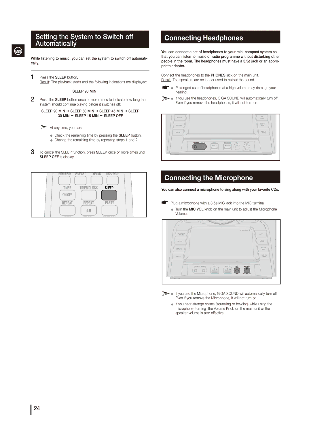 Samsung MX-C830, MX-C870 Setting the System to Switch off Automatically, Connecting Headphones, Connecting the Microphone 