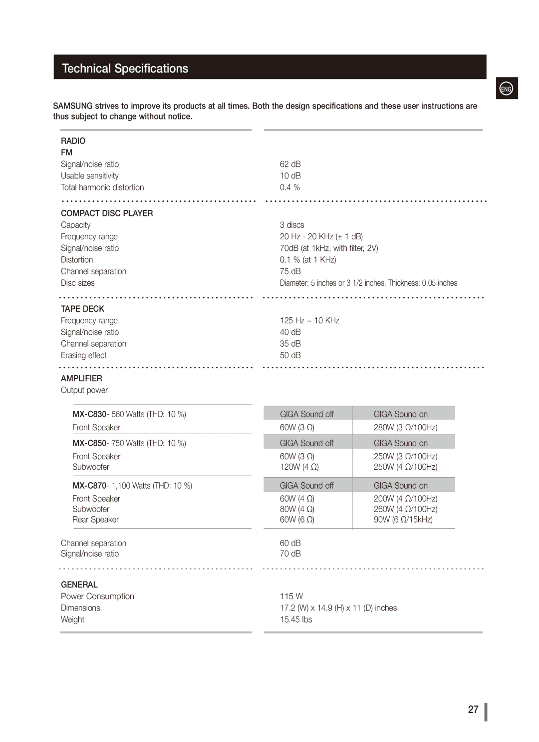 Samsung AH68-02265X, MX-C830, MX-C870, MX-C850 user manual Technical Specifications, Tape Deck 