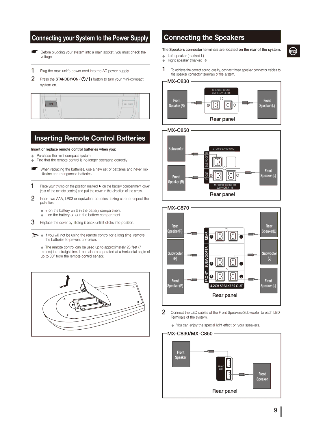 Samsung MX-C870, MX-C830, MX-C850, AH68-02265X Inserting Remote Control Batteries, Connecting the Speakers, Polarities 