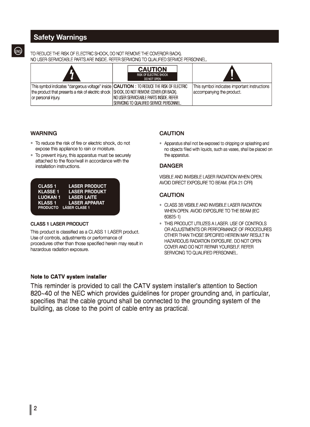 Samsung MX-C850 Safety Warnings, Danger, Note to CATV system installer, CLASS 1 LASER PRODUCT KLASSE 1 LASER PRODUKT 