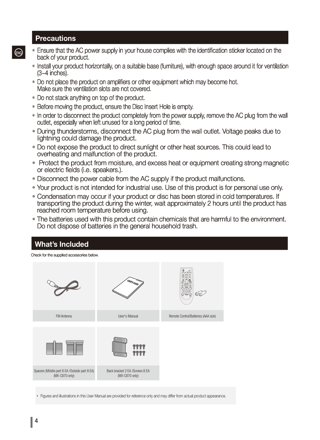 Samsung MX-C830, MX-C870, MX-C850, AH68-02265X user manual Precautions, What’s Included, back of your product 