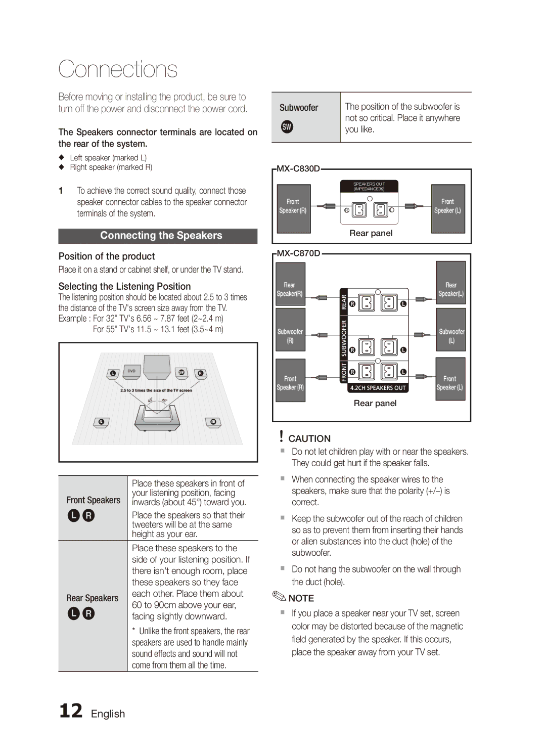 Samsung MX-C830D/LAG, MX-C830D/HAC, MX-C830D/AFR, MX-C830D/KE, MX-C870D/XFA, MX-C830D/UMG Connections, Connecting the Speakers 