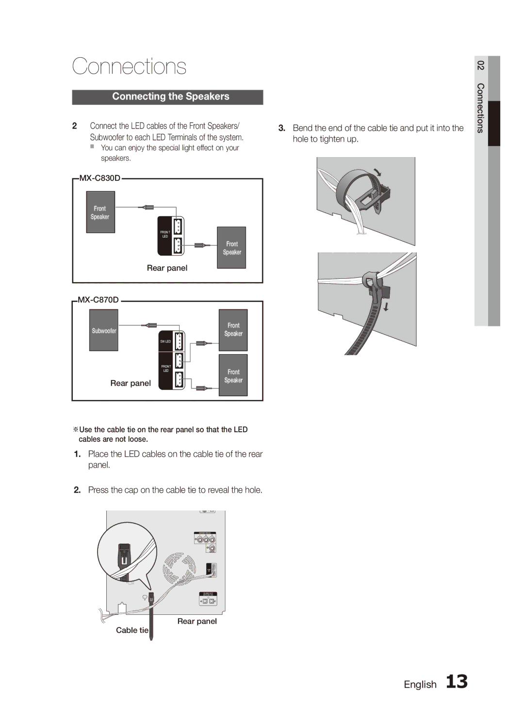 Samsung MX-C830D/MEA, MX-C830D/HAC, MX-C830D/AFR manual Connect the LED cables of the Front Speakers, Rear panel Cable tie 