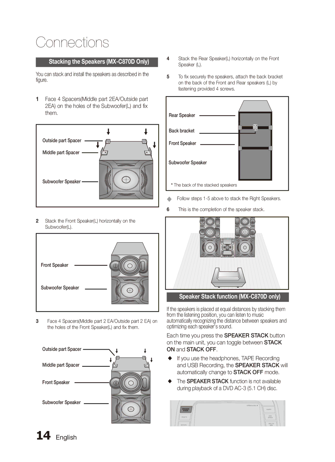 Samsung MX-C830D/HAC, MX-C830D/AFR, MX-C830D/KE, MX-C870D/XFA Speaker Stack function MX-C870D only, Them, On and Stack OFF 