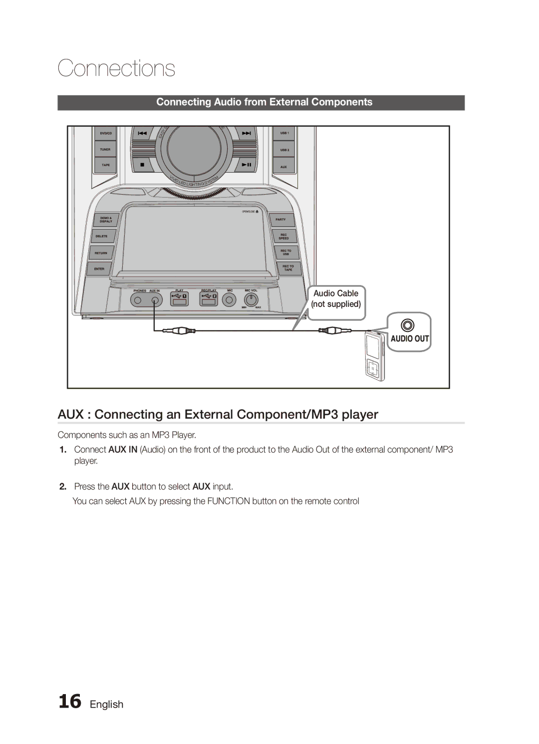 Samsung MX-C830D/KE manual AUX Connecting an External Component/MP3 player, Connecting Audio from External Components 