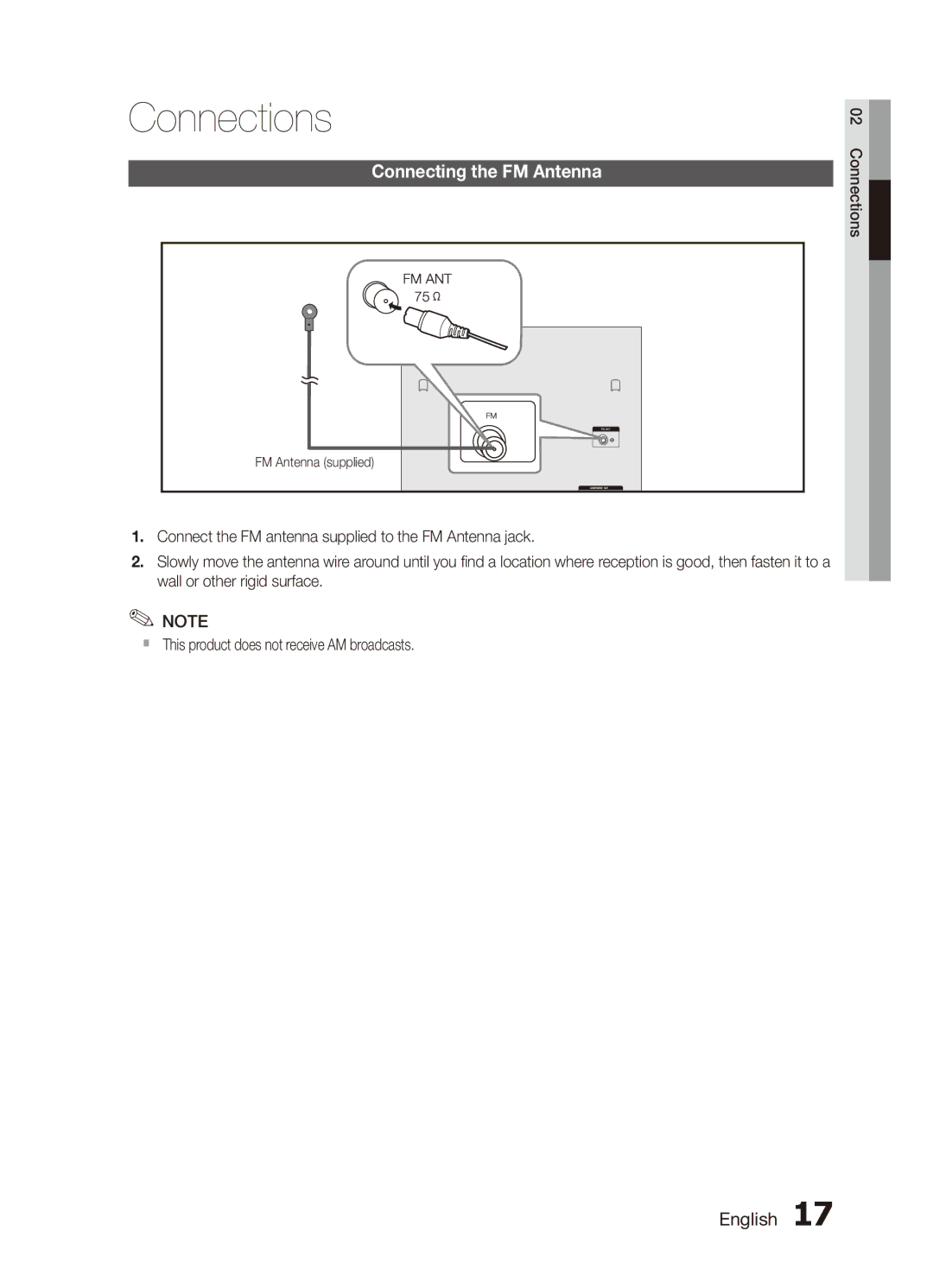 Samsung MX-C870D/XFA, MX-C830D/HAC, MX-C830D/AFR, MX-C830D/KE, MX-C830D/UMG Connecting the FM Antenna, FM Antenna supplied 