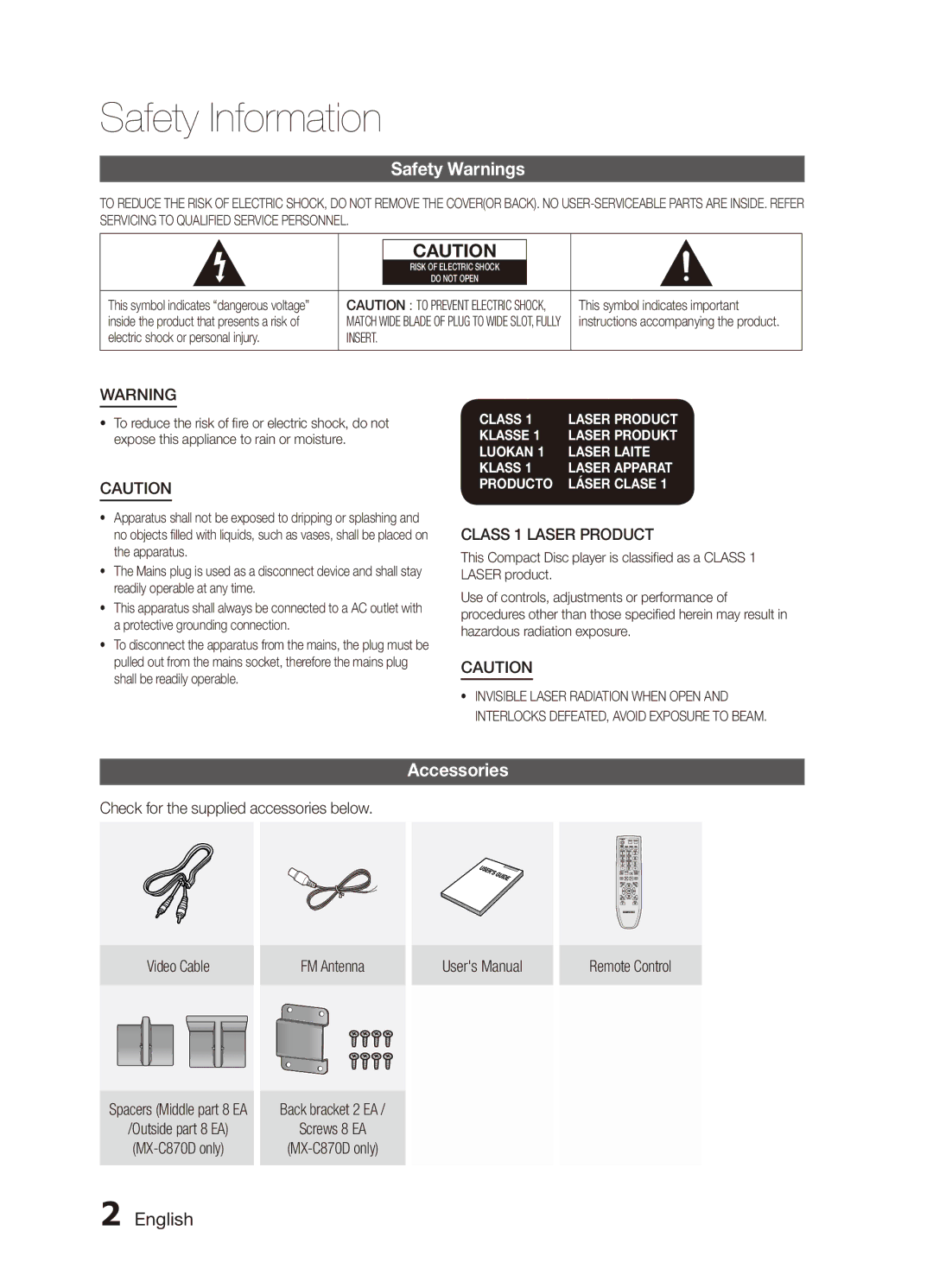 Samsung MX-C830D/KE, MX-C830D/HAC manual Safety Information, Safety Warnings, Accessories, English, Class 1 Laser Product 