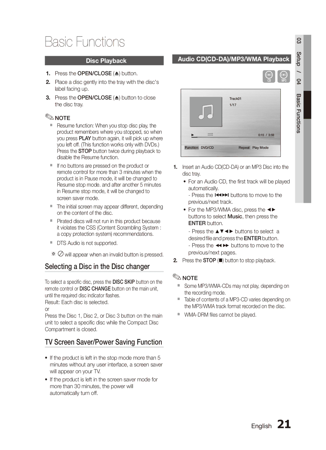 Samsung MX-C830D/HAC Basic Functions, Selecting a Disc in the Disc changer, Disc Playback, `` DTS Audio is not supported 